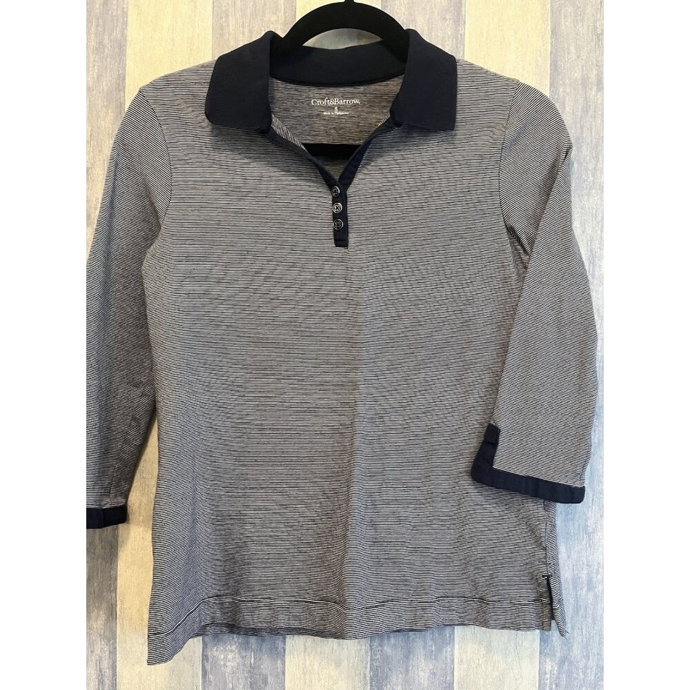 Croft And Barrow Women’s Blue Striped 3/4 Sleeve Collard Shirt Top Lux Comfort